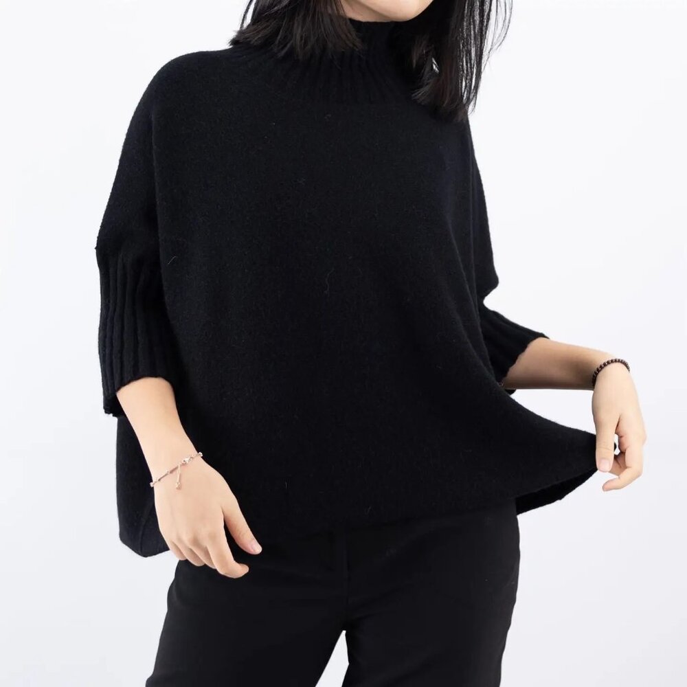Cecile Wang Oversized Turtleneck Boxy Short Sleeve Sweater Navy Blue
